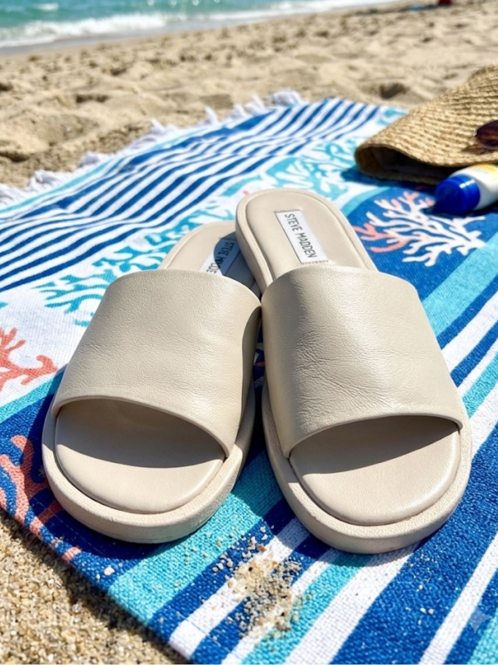 Steve Madden Kaya Beige/Cream Wide-Band Slide Sandals Size 7M Steve Madden